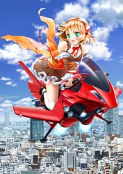 Rule 34 | 1girl, blonde hair, city, cityscape, cloud, day, dress, green eyes, hairband, happy, highres, hover bike, original, real world location, short hair, sky, solo, thighhighs, tougami
