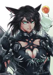 Rule 34 | 1girl, animal ears, armor, azem panta&#039;rhei, black hair, breasts, cat ears, cleavage cutout, clothing cutout, commission, dated, earrings, facial mark, final fantasy, final fantasy xiv, green eyes, highres, jewelry, large breasts, looking at viewer, miqo&#039;te, moogle, shin (sinsin12121), short hair, shoulder armor, sinsin12121, skeb commission, solo, upper body, warrior of light (ff14), whisker markings, white background
