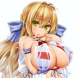 Rule 34 | 1girl, ahoge, asamura hiori, babydoll, blonde hair, bracelet, braid, breasts, cleavage, earrings, fate/grand order, fate (series), front-tie top, green eyes, hair between eyes, hair intakes, hair ribbon, half updo, hand to own mouth, highres, huge breasts, jewelry, long hair, looking at viewer, nero claudius (fate), nero claudius (fate) (all), nero claudius (swimsuit caster) (fate), nero claudius (swimsuit caster) (third ascension) (fate), parted lips, revision, ribbon, simple background, solo, strap slip, upper body, white background