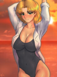 Rule 34 | 1girl, absurdres, akagi ritsuko, arms behind head, beach, blonde hair, blush, breasts, cleavage, covered navel, green eyes, highres, large breasts, legs, looking at viewer, mature female, neon genesis evangelion, ocean, one-piece swimsuit, open clothes, seductive smile, short hair, smile, solo, swimsuit, thighs, water