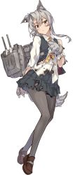 Rule 34 | 1girl, animal ears, animal hands, asymmetrical hair, belt, blouse, cannon, flipped hair, full body, gloves, grey eyes, halloween costume, kantai collection, konishi (koconatu), loafers, machinery, necktie, nowaki (kancolle), official art, pantyhose, pleated skirt, shirt, shoes, silver hair, skirt, swept bangs, tail, torpedo launcher, torpedo tubes, transparent background, turret, vest, wolf ears, wolf girl, wolf tail