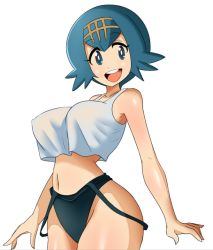 Rule 34 | 1girl, :d, alternate breast size, arms at sides, bare arms, bare shoulders, black panties, blue eyes, blue hair, breasts, bright pupils, collarbone, covered erect nipples, cowboy shot, creatures (company), crop top, crop top overhang, game freak, hairband, hip focus, lana (pokemon), large breasts, looking at viewer, lucyfer, navel, nintendo, open mouth, panties, pokemon, pokemon sm, shirt, short hair, simple background, sleeveless, smile, solo, standing, suspender panties, suspenders, suspenders hanging, tank top, teeth, trial captain, underwear, upper teeth only, white background, white pupils, white shirt, white tank top