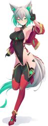 Rule 34 | 1girl, absurdres, animal ear fluff, animal ears, armpits, black gloves, black leotard, breasts, covered navel, cropped jacket, crossed bangs, cyborg, elena (trimbil), fox ears, fox girl, fox tail, gloves, gold trim, gradient hair, green eyes, green hair, grey hair, grin, hair between eyes, hair ornament, hairclip, hand up, highleg, highleg leotard, highres, jacket, leotard, long hair, long sleeves, mechanical legs, medium breasts, multicolored hair, open clothes, open jacket, original, red jacket, shadow, short hair, simple background, smile, solo, standing, standing on one leg, tail, trimbil, v, very long hair, white background, wide sleeves