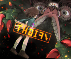 Rule 34 | 1boy, 1other, artist request, black background, blurry, claws, eye contact, eye focus, frisk (undertale), gameplay mechanics, holding, holding knife, holding weapon, jewelry, knife, locket, looking at another, open mouth, pendant, photoshop flowey, shoes, simple background, smile, socks, spoilers, teeth, undertale, weapon