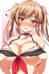 Rule 34 | 10s, 1girl, ar (lover boy), bare arms, bikini, black bikini, black ribbon, breasts, brown hair, choker, cleavage, collarbone, grabbing own breast, hair ribbon, heart, heart-shaped pupils, highres, kantai collection, large breasts, looking at viewer, murasame (kancolle), neckerchief, pink background, red eyes, ribbon, smile, solo, strap gap, swimsuit, symbol-shaped pupils, twintails, upper body, white background