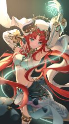 Rule 34 | 1girl, absurdres, arm up, armpits, blue eyes, breasts, bridal gauntlets, closed mouth, dancer, detached sleeves, fake horns, genshin impact, highres, horns, komiya latte, long hair, looking at viewer, nilou (genshin impact), red hair, revision, small breasts, smile, solo, standing, twintails, very long hair