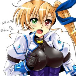 Rule 34 | 1girl, :d, ahoge, black gloves, black shirt, blonde hair, blue ribbon, breasts, commentary request, dated, gloves, green eyes, hair ribbon, heterochromia, jacket, large breasts, long hair, long sleeves, looking at viewer, lyrical nanoha, magical girl, open mouth, partial commentary, red eyes, ribbon, san-pon, shirt, side ponytail, simple background, smile, solo, standing, twitter username, upper body, vivid strike!, vivio, white background, white jacket