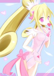 Rule 34 | 1girl, adapted costume, aida mana, blonde hair, bow, brooch, cowboy shot, cure heart, curly hair, dokidoki! precure, dorasan, fingerless gloves, gloves, hair ornament, half updo, heart, heart brooch, heart hair ornament, highres, leotard, long hair, magical girl, mouth hold, pink bow, pink eyes, pink gloves, ponytail, precure, solo, standing