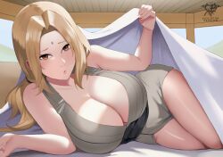 Rule 34 | 1girl, absurdres, artist logo, artist name, bare arms, bare shoulders, bed invitation, black sash, blanket, blonde hair, breasts, brown eyes, cleavage, commission, derivative work, facial mark, forehead mark, grey kimono, hair intakes, highres, huge breasts, indoors, japanese clothes, kaos art, kimono, long hair, looking at viewer, lying, mature female, naruto, naruto (series), obi, on side, parted lips, patreon username, sash, solo, thighs, tsunade (naruto), under covers