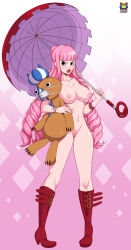 Rule 34 | 1girl, absurdres, blush, boots, breasts, female focus, highres, kyoffie, nipples, nude, one piece, open mouth, perona, pink hair, pussy, red footwear, solo, umbrella, uncensored