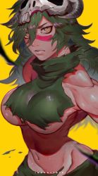 Rule 34 | 1girl, bleach, breasts, green hair, ibuo (ibukht1015), long hair, muscular, muscular female, nelliel tu odelschwanck, serious, simple background, skull, solo, torn clothes, underboob, upper body, yellow background