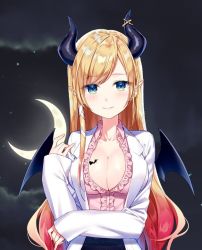 Rule 34 | 1girl, artist request, bat tattoo, bat wings, black wings, blouse, blush, breast tattoo, breasts, cleavage, collarbone, collared shirt, crescent moon, frilled shirt, frills, hololive, horn ornament, horns, large breasts, long hair, looking at viewer, moon, night, night sky, pink shirt, pointy ears, shirt, sky, solo, tattoo, virtual youtuber, wings, yuzuki choco, yuzuki choco (1st costume)