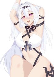 Rule 34 | 1girl, absurdres, arbiter the empress iii (azur lane), azur lane, bikini, blush, breasts, cleavage, hairband, highres, large breasts, long hair, looking at viewer, open mouth, purple eyes, siren (azur lane), solo, swimsuit, tastysalt, tight clothes, very long hair, white background, white hair