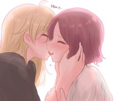 Rule 34 | 2girls, blonde hair, blush, closed eyes, french kiss, hands on another&#039;s cheeks, hands on another&#039;s face, holding another&#039;s arm, kiss, long hair, multiple girls, new game!, open mouth, purple hair, short hair, simple background, tongue, tongue out, tooyama rin, white background, yagami kou, yuri, yuuki (yunky373)