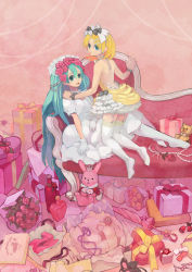 Rule 34 | 2girls, absurdres, aqua eyes, aqua hair, back, bad id, bad pixiv id, bare back, blonde hair, bouquet, choker, couch, dress, earrings, flower, garter straps, gift, gloves, gown, hair flower, hair ornament, hatsune miku, highres, jewelry, kagamine rin, kneeling, long hair, looking back, multiple girls, necklace, nomuo (shiromi), pantyhose, rose, shiromi, shiromi-12, shoes, short hair, sitting, stuffed animal, stuffed toy, very long hair, vocaloid