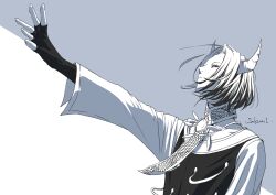 Rule 34 | 1boy, arm at side, artist name, bob cut, colored sclera, demon boy, fingerless gloves, floating hair, gloves, grausam, hand up, horns, jewelry, long sleeves, looking up, male focus, monochrome, necklace, necktie, outstretched arm, reaching, sakichi (sakichi0915), short hair, solo, sousou no frieren, two-tone background, upper body