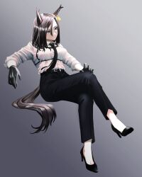 Rule 34 | 1girl, air groove (umamusume), alternate costume, animal ears, belt, black footwear, black gloves, black necktie, black pants, blue eyes, breasts, brown hair, chest harness, closed mouth, collared shirt, full body, gloves, gradient background, harness, high heels, highres, horse ears, horse girl, horse tail, invisible chair, long sleeves, looking to the side, medium breasts, necktie, pants, shirt, shirt tucked in, short hair, sitting, solo, tail, taisaaa, umamusume, white shirt
