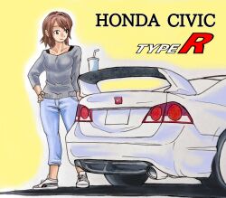 Rule 34 | 1girl, absurdres, blue pants, bra strap, brown eyes, brown hair, car, collarbone, commentary request, cup, denim, disposable cup, drinking straw, grey sweater, hair behind ear, hand on own hip, highres, honda, honda civic, honda civic type r, impossible clothes, jeans, kubotchi, looking down, medium hair, motor vehicle, original, pants, shadow, smile, solo, spoiler (automobile), sweater, vehicle name, white footwear