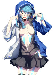 Rule 34 | 1girl, aki663, alternate breast size, blue eyes, blue hair, blush, bodypaint, breasts, cleavage, ene (kagerou project), facial mark, headphones, highres, hood, hoodie, jacket, kagerou project, long hair, matching hair/eyes, navel, no bra, one eye closed, open clothes, open jacket, open mouth, skirt, smile, solo