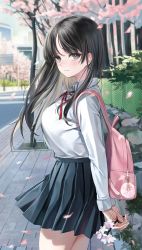 Rule 34 | 1girl, absurdres, arms behind back, backpack, bag, black hair, branch, breasts, cherry blossoms, closed mouth, collared shirt, commentary, cowboy shot, emyo, floating hair, grey eyes, highres, holding, holding branch, large breasts, leaf, long hair, long sleeves, looking at viewer, neck ribbon, original, outdoors, petals, pink bag, pleated skirt, revision, ribbon, school uniform, shirt, shirt tucked in, skirt, solo, standing, white shirt, wind