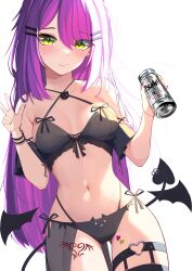 Rule 34 | 1girl, :d, absurdres, alternate costume, bad anatomy, beer can, bibi (tokoyami towa), bikini, black bikini, blush, breasts, can, cat ear bikini, collar, cowboy shot, demon tail, demon wings, detached wings, drink, drink can, fang, gluteal fold, green eyes, hair ribbon, highres, holding, hololive, jirai kei, kkato, leg tattoo, long hair, looking at viewer, low twintails, mole, mole on thigh, multicolored nails, nail, navel, off shoulder, open mouth, piercing, purple hair, red nails, ribbon, simple background, skin fang, small breasts, smile, solo, stomach, swept bangs, swimsuit, tail, tail ornament, tail piercing, tattoo, thighhighs, tokoyami towa, twintails, v, virtual youtuber, white background, wings, yellow nails