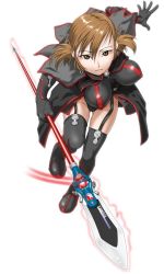 Rule 34 | 1girl, brown eyes, brown hair, makochin, original, polearm, short hair, short twintails, simple background, solo, spear, thighhighs, twintails, weapon, white background