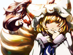 Rule 34 | 1girl, blonde hair, blurry, dearmybrothers, female focus, fox tail, hat, light particles, lips, looking at viewer, md5 mismatch, multiple tails, resolution mismatch, smile, solo, source larger, tail, touhou, yakumo ran, yellow eyes