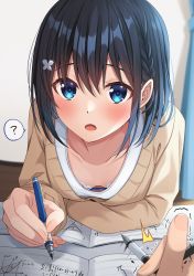 Rule 34 | 1girl, ?, accidental exposure, blue eyes, blush, bra, bra peek, braid, breasts, butterfly hair ornament, clueless, collarbone, commentary, curtains, dot nose, downblouse, fingernails, hair ornament, highres, indoors, komori kuzuyu, leaning forward, long sleeves, looking at viewer, math, medium hair, open mouth, original, pen, rivier (kuzuyu), shadow, small breasts, solo, speech bubble, sweater, twitching, underwear, upper body, yellow sweater