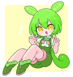 Rule 34 | 1girl, :3, animal ears, ascot, blush, blush stickers, border, buttons, chibi, colored eyelashes, commentary, double v, green footwear, green hair, green shirt, hair between eyes, highres, long hair, looking at viewer, low ponytail, op na yarou, open mouth, puffy short sleeves, puffy sleeves, red ascot, shirt, short sleeves, shorts, simple background, sitting, solo, suspender shorts, suspenders, symbol-only commentary, v, voicevox, white border, yellow background, yellow eyes, zundamon