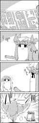 Rule 34 | 4koma, comic, commentary request, crescent, greyscale, hair ribbon, hat, hat ribbon, highres, hijiri byakuren, kneeling, long hair, mob cap, monochrome, multicolored hair, no humans, patchouli knowledge, ribbon, shaded face, smile, sorcerer&#039;s sutra scroll, tani takeshi, touhou, translation request, two-tone hair, yukkuri shiteitte ne