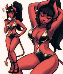 Rule 34 | 1girl, armpits, arms up, black hair, black one-piece swimsuit, breasts, cellphone, choker, cleavage, closed eyes, colored skin, demon girl, demon horns, demon tail, earrings, eyebrows, female focus, hand on own hip, horns, iahfy, jewelry, long hair, medium breasts, multiple views, one-piece swimsuit, original, phone, pointy ears, ponytail, red skin, sandals, scar, scar across eye, sidelocks, simple background, slingshot swimsuit, squiggle, swimsuit, synth (iahfy), tail, white background, yellow eyes