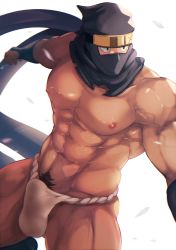 Rule 34 | 1boy, abs, absurdres, bara, bulge, cowboy shot, crow (siranui), erection, erection under clothes, forehead protector, fundoshi, highres, japanese clothes, large pectorals, looking to the side, male focus, male pubic hair, mask, mouth mask, muscular, muscular male, navel, ninja (crow), ninja mask, nipples, original, pectorals, pubic hair, pubic hair peek, scarf, snowing, solo, stomach, thick thighs, thighs, topless male, underwear, underwear only, wind