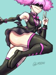 Rule 34 | 1girl, @ (symbol), boku no hero academia, haneyama kazuho, mask, one eye closed, pink eyes, pink hair, pop step, signature, simple background, smile, solo, thick thighs, thighhighs, thighs, twintails, v, vigilante -boku no hero academia: illegals-, wink
