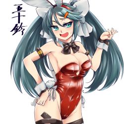 Rule 34 | 1girl, animal ears, armband, black bow, black bowtie, black thighhighs, blue eyes, bow, bowtie, breasts, card, carrot hair ornament, character name, contrapposto, cowboy shot, detached collar, fake animal ears, food-themed hair ornament, grey hair, hair ornament, hairclip, isuzu (kancolle), kantai collection, large breasts, leotard, long hair, looking at viewer, open mouth, playboy bunny, rabbit ears, rabbit tail, red leotard, simple background, solo, standing, strapless, strapless leotard, tail, thighhighs, twintails, udukikosuke, white background, wrist cuffs