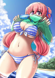 Rule 34 | 1girl, :o, beach, bikini, breasts, cameltoe, cleavage, curvy, day, front-tie top, glasses, inconvenient breasts, innertube, large breasts, log-mi (tonpuu), long hair, navel, original, outdoors, pink hair, purple eyes, shiny skin, side-tie bikini bottom, sideboob, solo, striped bikini, striped clothes, submerged, swim ring, swimsuit, tonpuu, transparent, twintails, underboob, wading, wet, wide hips