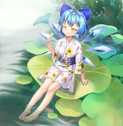 Rule 34 | barefoot, blue bow, blue eyes, blue hair, blue sash, bow, breasts, check commentary, cirno, cirno (yukata), closed eyes, commentary, commentary request, dango, fairy wings, floral print, flower brooch, food, forest, god mang, hair bow, highres, holding, holding food, ice, ice wings, japanese clothes, kimono, lily pad, nature, official alternate costume, sash, short hair, sitting, small breasts, smile, soaking feet, sunflower print, toes, touhou, touhou cannonball, wagashi, white kimono, wings, yukata