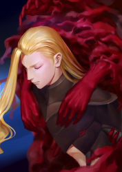 Rule 34 | 1boy, absurdres, armor, black armor, blonde hair, blue cape, breastplate, cape, character request, closed eyes, closed mouth, fingernails, forever 7th capital, hejia abby, highres, long hair, male focus, nail polish, red nails, smoke, solo, veins