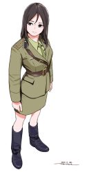 Rule 34 | 1girl, alternate costume, artist name, belt, black belt, black hair, blue eyes, boots, brown footwear, brown jacket, brown skirt, closed mouth, commentary, dated, dress shirt, epaulettes, full body, girls und panzer, green neckerchief, green shirt, highres, horikou, insignia, jacket, long hair, long sleeves, looking to the side, military, military uniform, neckerchief, nonna (girls und panzer), one-hour drawing challenge, pencil skirt, sam browne belt, shirt, signature, simple background, skirt, solo, soviet, soviet army, standing, swept bangs, uniform, white background, wing collar