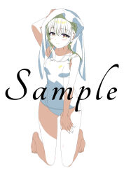 Rule 34 | 1girl, arm behind head, arm up, armpits, barefoot, buta no liver wa kanetsu shiro, closed mouth, collarbone, full body, hair between eyes, highres, jess (buta no liver wa kanetsu shiro), kneeling, looking at viewer, medium hair, official art, panties, simple background, smile, solo, swimsuit, toosaka asagi, towel, towel on head, underwear, white background, white panties, yellow eyes