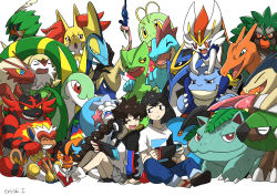Rule 34 | 1boy, 1girl, 6+others, :d, ^ ^, animal ear fluff, animal focus, bad id, bad pixiv id, bird, blastoise, blaziken, charizard, chesnaught, cinderace, claws, closed eyes, commentary request, creature, creatures (company), decidueye, delphox, emboar, empoleon, facing viewer, fangs, feraligatr, fire, game freak, gen 1 pokemon, gen 2 pokemon, gen 3 pokemon, gen 4 pokemon, gen 5 pokemon, gen 6 pokemon, gen 7 pokemon, gen 8 pokemon, gotcha!, gotcha! boy (pokemon), gotcha! girl (pokemon), greninja, handheld game console, happy, highres, holding, holding handheld game console, horns, incineroar, infernape, inteleon, looking at viewer, meganium, miniskirt, multiple others, nintendo, open mouth, pants, playing games, pokemon, pokemon (creature), primarina, rillaboom, samurott, sandals, sceptile, serperior, shoes, signature, simple background, sitting, skirt, smile, sneakers, starter pokemon trio, swampert, torterra, typhlosion, venusaur, white background, yukari (yukari21653710)