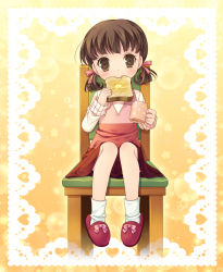 Rule 34 | 1girl, atlus, bad id, bad pixiv id, blush, bread slice, brown eyes, brown hair, butter, child, cup, doujima nanako, dress, eating, food, food in mouth, mouth hold, persona, persona 4, short hair, sitting, slippers, solo, toast, toast in mouth, twintails, yumegi (mg.)