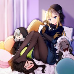 Rule 34 | &gt; &lt;, 1girl, absurdres, baozha gangbi, bed, bed sheet, black pantyhose, blonde hair, blue eyes, character doll, closed mouth, commentary, curtains, eyes visible through hair, fate/grand order, fate (series), gloves, gray (fate), head tilt, highres, indoors, jacket, long hair, long sleeves, looking at viewer, lord el-melloi ii, lord el-melloi ii case files, on bed, open mouth, pantyhose, pillow, reines el-melloi archisorte, scarf, sidelocks, sitting, smile, sunlight, trimmau (fate), waver velvet, wavy mouth, window, window shadow