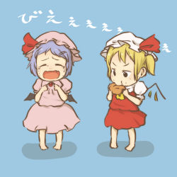Rule 34 | 2girls, barefoot, bat wings, blonde hair, blue hair, chi-kun (seedyoulater), chii-kun (seedyoulater), child, cookie, cream puff, crying, dress, eating, closed eyes, fang, flandre scarlet, food, food on face, hat, hat ribbon, mob cap, multiple girls, open mouth, pink dress, puffy sleeves, red dress, remilia scarlet, ribbon, short sleeves, siblings, side ponytail, sisters, touhou, wavy mouth, wings, aged down