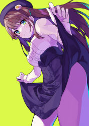 Rule 34 | 1girl, aqua eyes, beret, blouse, brown hair, clothes lift, dutch angle, frills, from below, hat, high-waist skirt, highres, hololive, long hair, long sleeves, official alternate costume, official alternate hair length, official alternate hairstyle, oozora subaru, oozora subaru (casual), shirt, simple background, skirt, skirt lift, smile, solo, unripe, virtual youtuber, yellow background