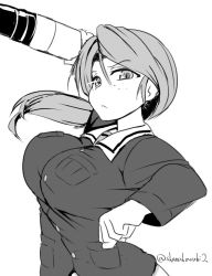 Rule 34 | 10s, 1girl, closed mouth, commentary, freckles, frown, girls und panzer, greyscale, holding, jacket, long hair, long sleeves, looking at viewer, military, military uniform, monochrome, one-hour drawing challenge, ooarai military uniform, parted bangs, piyotan (girls und panzer), ponytail, shanaharuhi, solo, standing, tank shell, throwing, twitter username, uniform, upper body