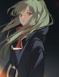 Rule 34 | 1girl, arms at sides, black background, blue jacket, chongzhen 085, floating hair, from side, green hair, highres, hood, hood down, hooded jacket, jacket, kagerou project, kido tsubomi, long hair, long sleeves, looking at viewer, open mouth, ponytail, red eyes, red scarf, scarf, sidelocks, sideways glance, simple background, solo, swept bangs, teeth, upper body, very long hair
