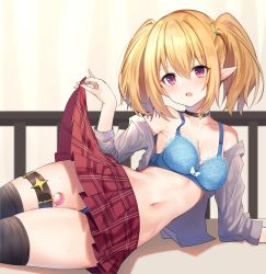 Rule 34 | 1girl, absurdres, amrita (amber78gou), bare shoulders, black thighhighs, blonde hair, blue bra, blue panties, bra, breasts, candy, chloe (princess connect!), choker, clothes lift, commentary request, food, grey shirt, highres, lifting own clothes, lollipop, long hair, looking at viewer, medium breasts, miniskirt, navel, off shoulder, open clothes, open mouth, open shirt, panties, panty peek, pleated skirt, pointy ears, princess connect!, purple eyes, red skirt, shirt, sidelocks, skirt, skirt lift, solo, sweat, thigh strap, thighhighs, twintails, underwear
