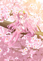 Rule 34 | 1girl, blurry, blurry background, boots, closed mouth, collared shirt, commentary, detached sleeves, floating hair, flower, full body, hair between eyes, hatsune miku, headphones, headset, highres, in tree, long hair, long sleeves, looking at viewer, macha 3939, microphone, miniskirt, pink eyes, pink footwear, pink hair, pink neckwear, pink skirt, pink sleeves, pink theme, pleated skirt, sakura miku, shirt, sitting, sitting in tree, skirt, sleeveless, sleeveless shirt, smile, solo, thigh boots, thighhighs, tree, twintails, very long hair, vocaloid, white flower, white shirt, wing collar, zettai ryouiki