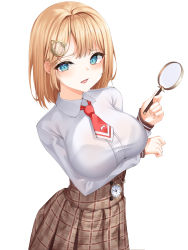 Rule 34 | 1girl, absurdres, arm under breasts, blonde hair, blue eyes, bra visible through clothes, bralines, breasts, collared shirt, dress shirt, hair ornament, high-waist skirt, highres, holding, hololive, hololive english, hsxxx, large breasts, long sleeves, looking at viewer, magnifying glass, medium hair, necktie, open mouth, plaid, plaid skirt, pleated skirt, pocket watch, red necktie, shirt, simple background, skirt, solo, virtual youtuber, watch, watson amelia, watson amelia (1st costume), white background, white shirt