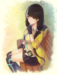 Rule 34 | 1girl, absurdres, bench, black gloves, black hair, black skirt, black thighhighs, blush, breasts, bright pupils, brown shirt, chinese commentary, closed mouth, collared shirt, commentary request, cropped legs, day, finger to mouth, fingerless gloves, from side, girls&#039; frontline, gloves, hair tie, hand on lap, heterochromia, highres, hood, hood down, hooded jacket, id card, index finger raised, jacket, large breasts, long hair, long sleeves, looking at viewer, looking to the side, low twintails, multicolored hair, nai (daiduolaoge), nail polish, open clothes, open jacket, orange eyes, outdoors, over-kneehighs, park bench, pink nails, ro635 (girls&#039; frontline), shirt, shushing, sitting, skirt, smile, solo, streaked hair, thighhighs, twintails, very long hair, white hair, wing collar, yellow eyes, yellow jacket